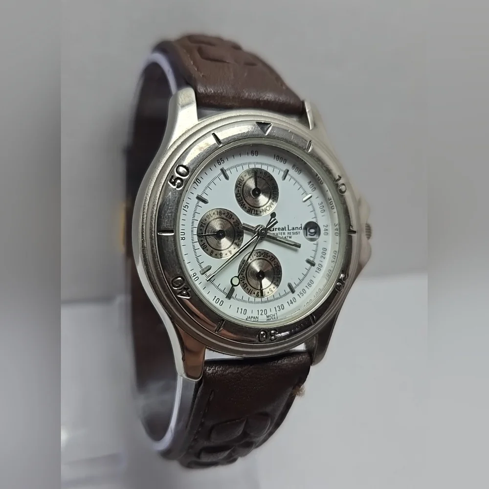 Great Land Mens Quartz Multi Dial Watch Date Brown Leather Strap New Battery